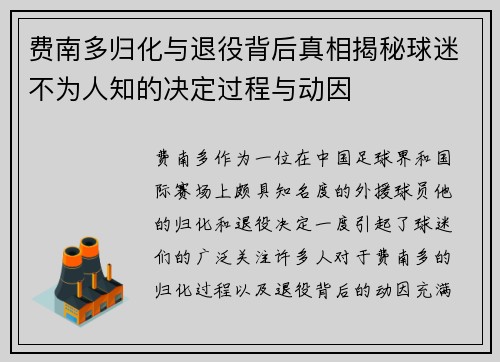 费南多归化与退役背后真相揭秘球迷不为人知的决定过程与动因
